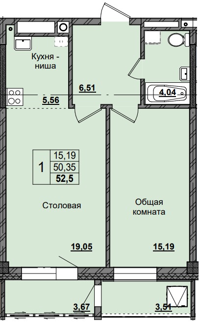 1 комн., 52.50 м²