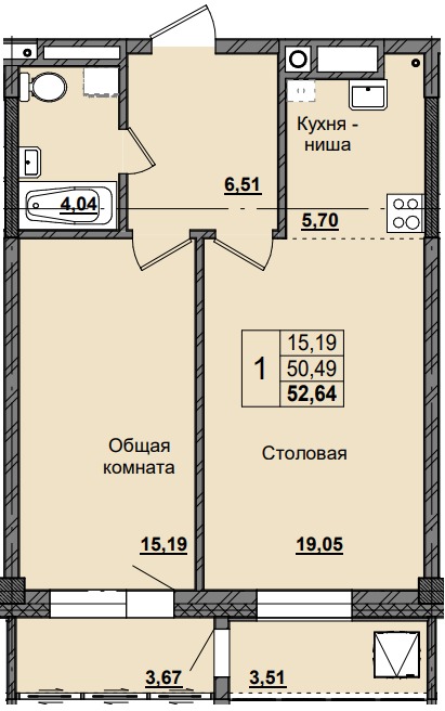 1 комн., 52.64 м²