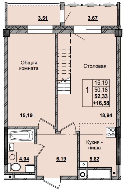 1 комн., 68.91 м²