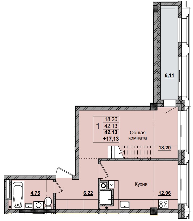 1 комн., 58.96 м²