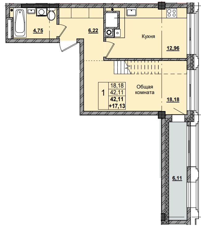 1 комн., 58.94 м²