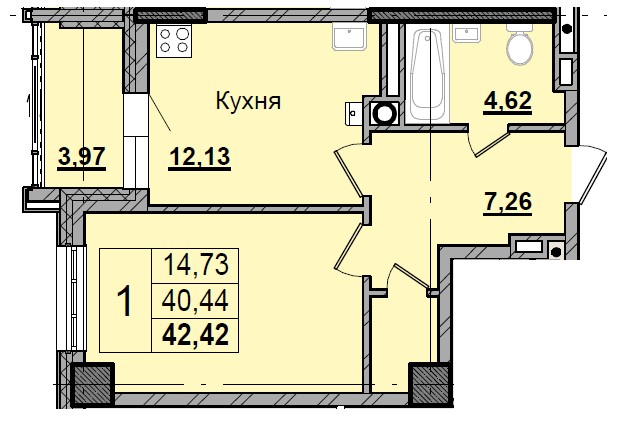 1 комн., 42.53 м²