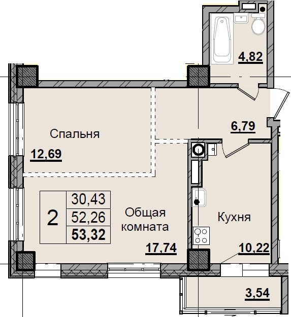 2 комн., 53.89 м²
