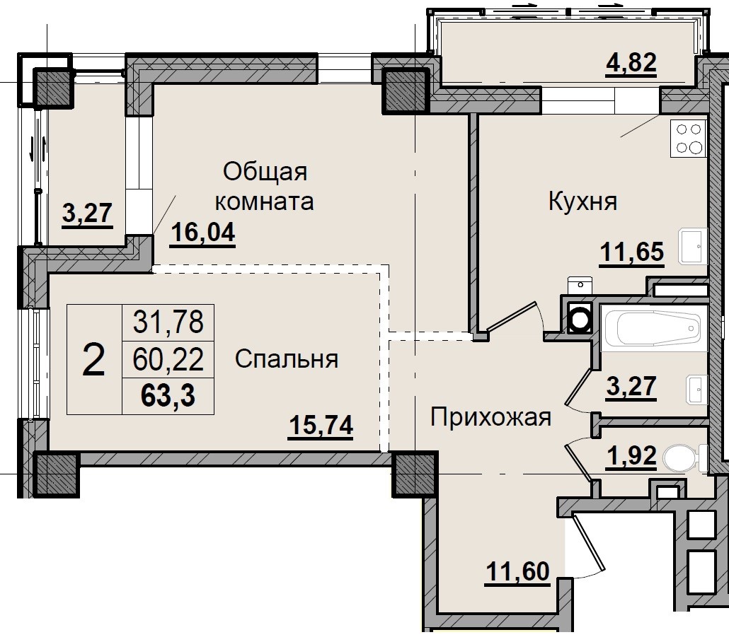 2 комн., 63.71 м²