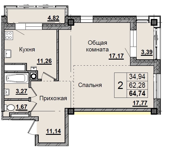 2 комн., 64.73 м²