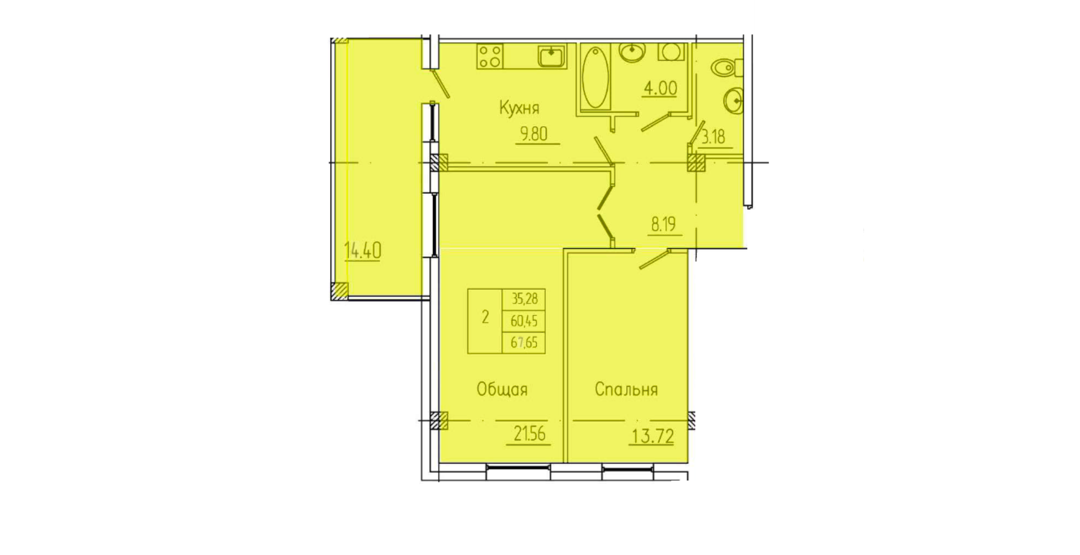2 комн., 67.65 м²