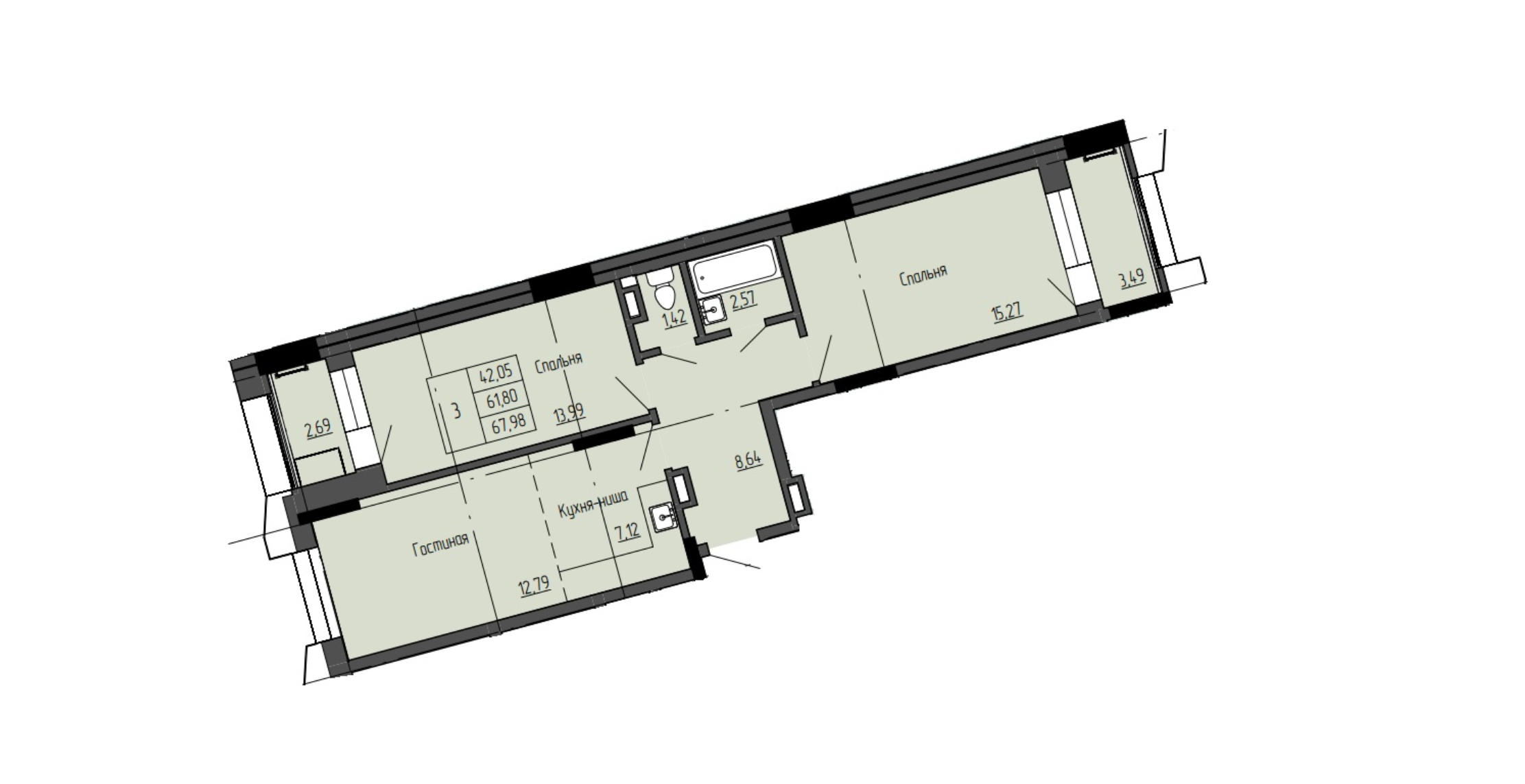 3 комн., 67.98 м²