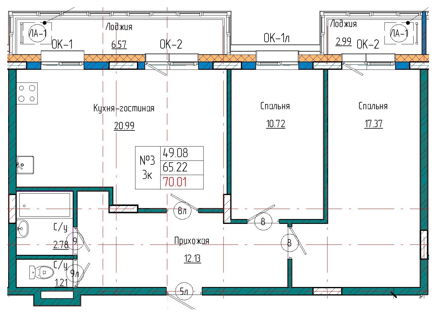 3 комн., 70.01 м²