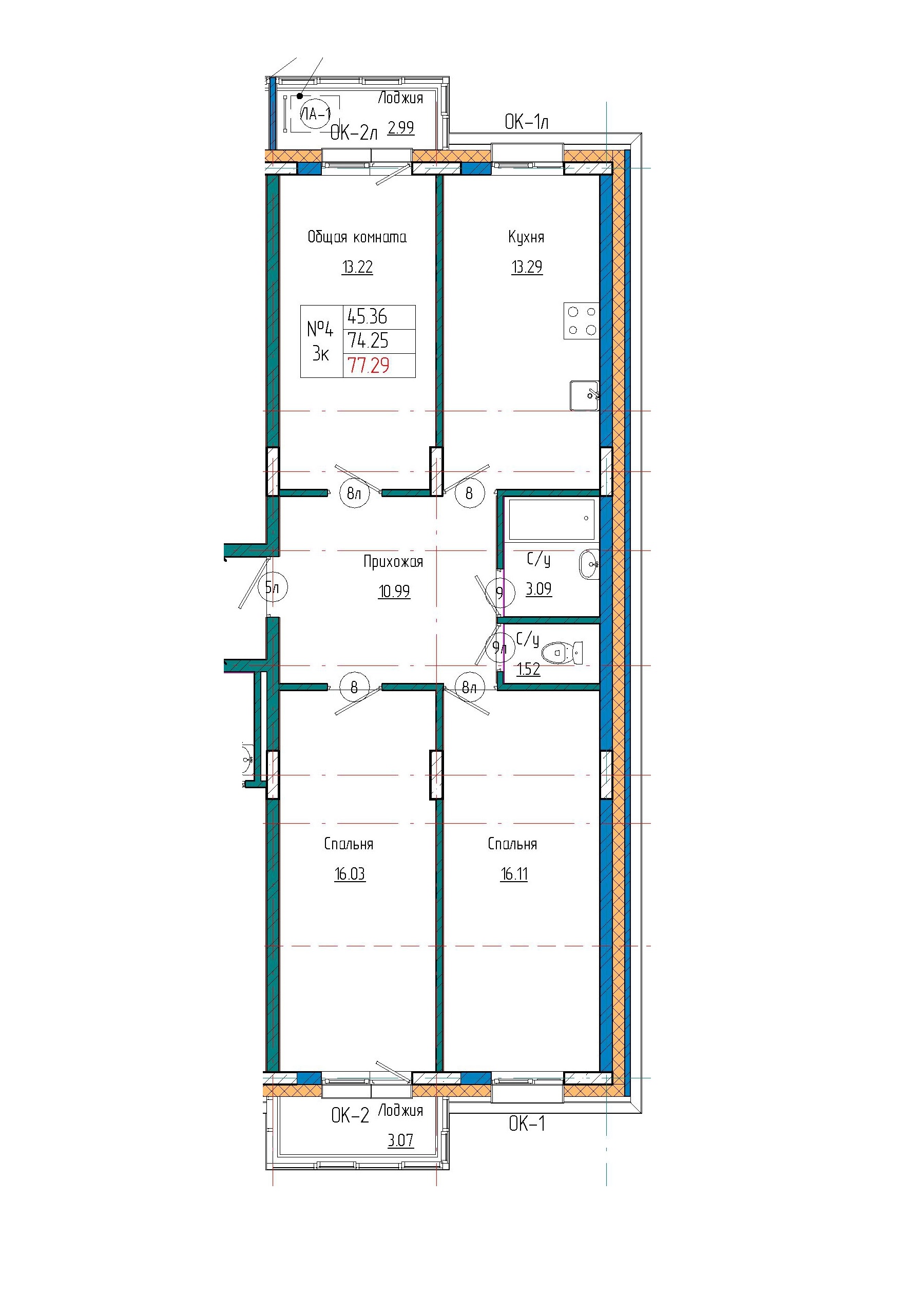 3 комн., 77.29 м²