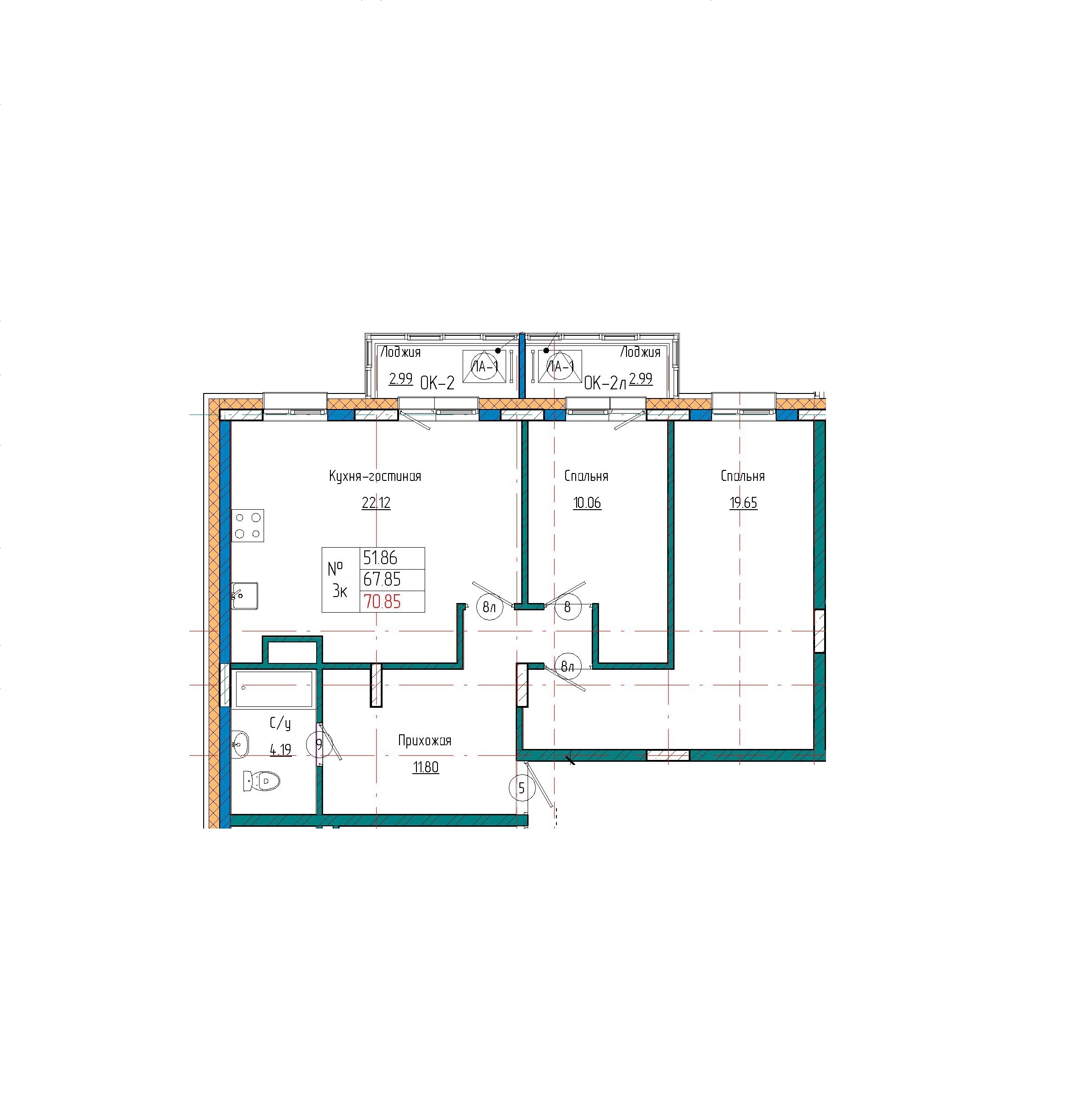 3 комн., 70.85 м²