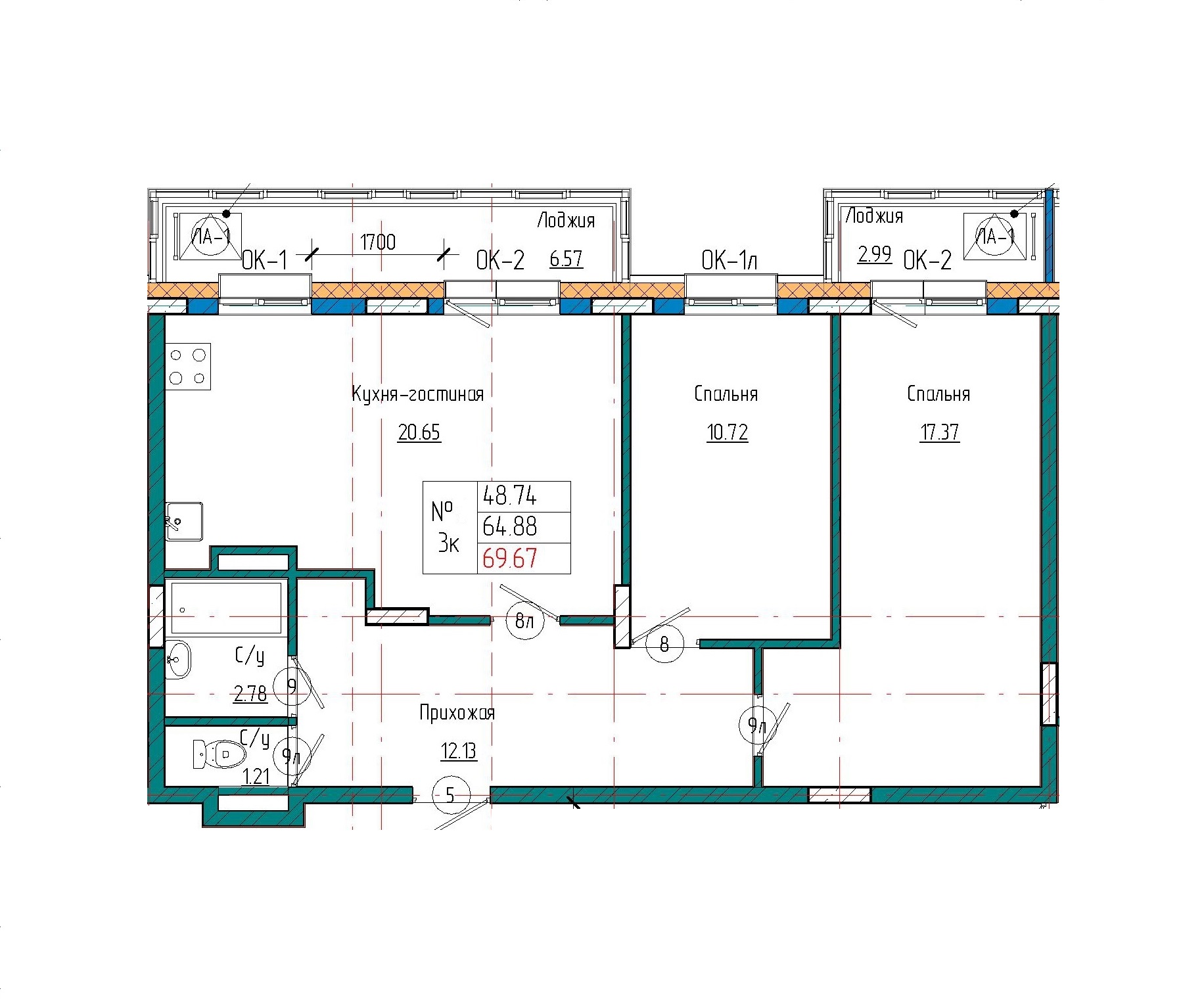 3 комн., 69.67 м²
