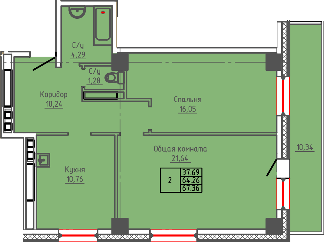 2 комн., 67.36 м²