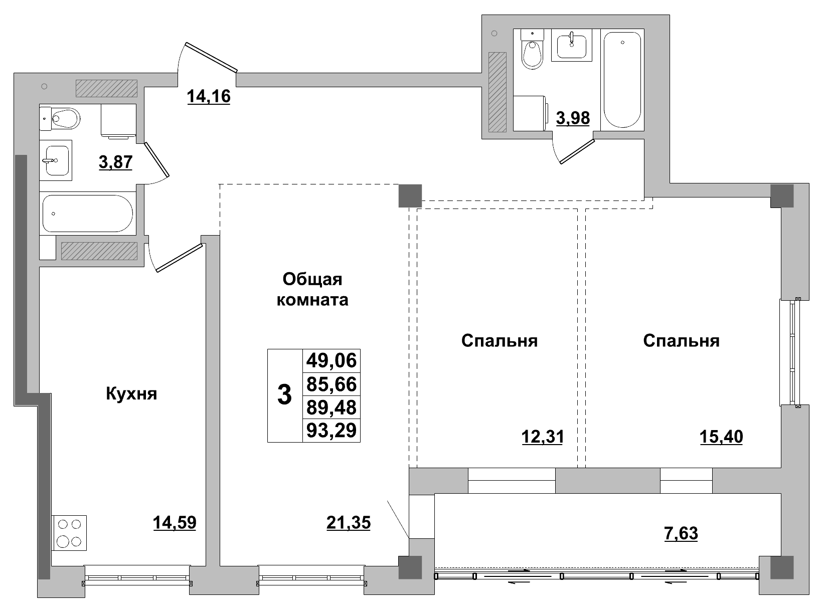 3 комн., 89.48 м²