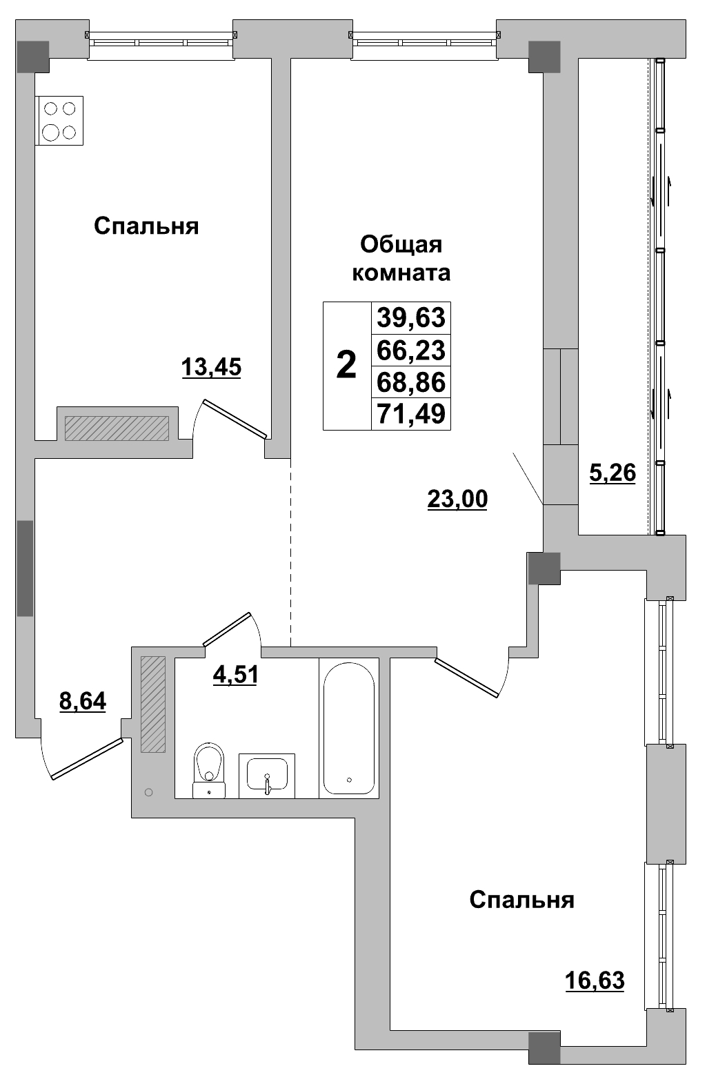 2 комн., 68.86 м²
