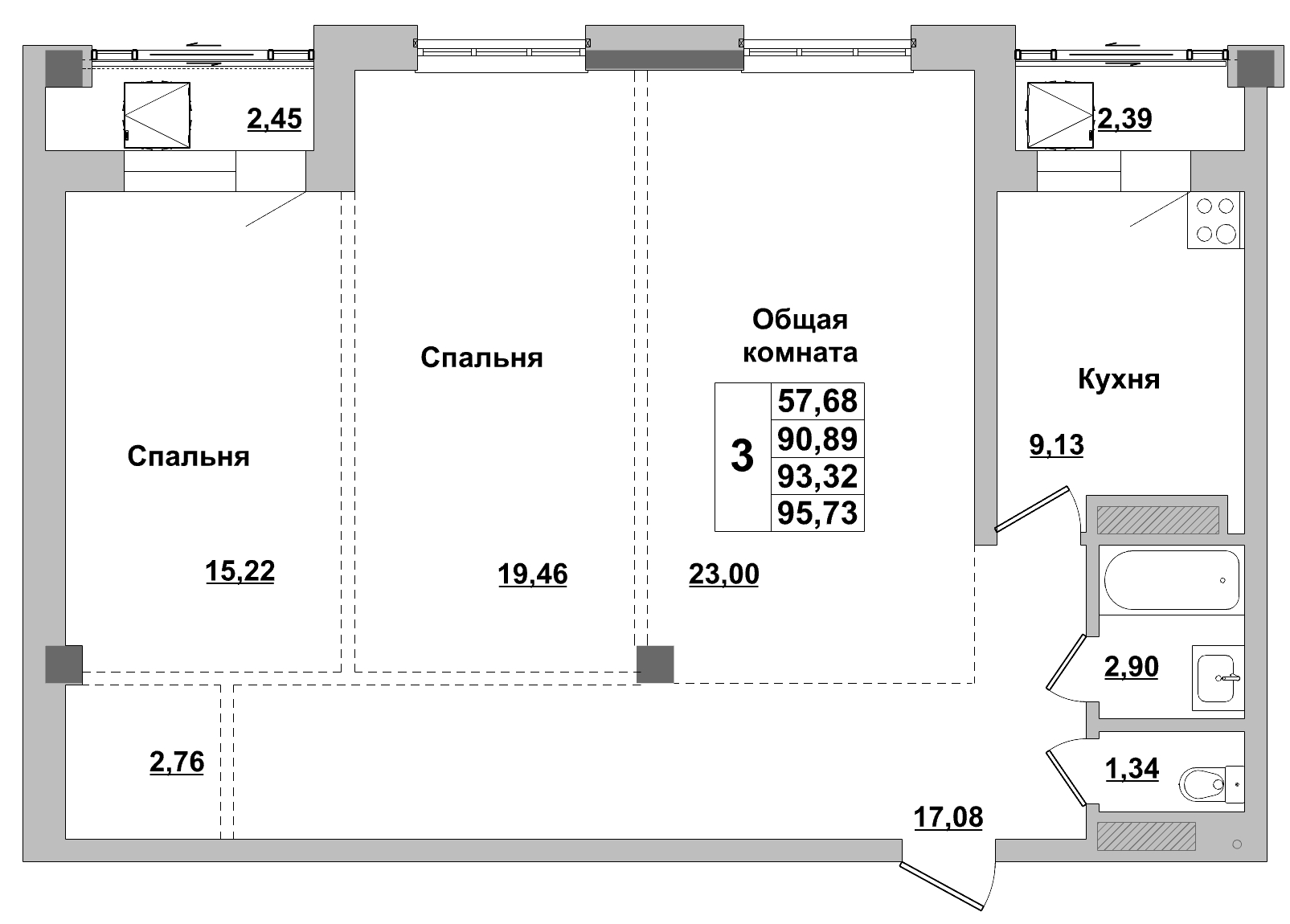 3 комн., 93.32 м²