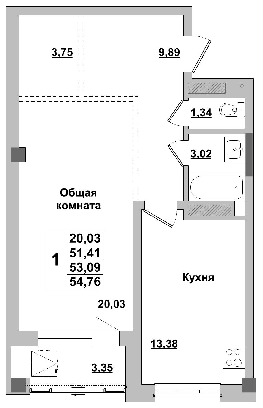 1 комн., 53.09 м²