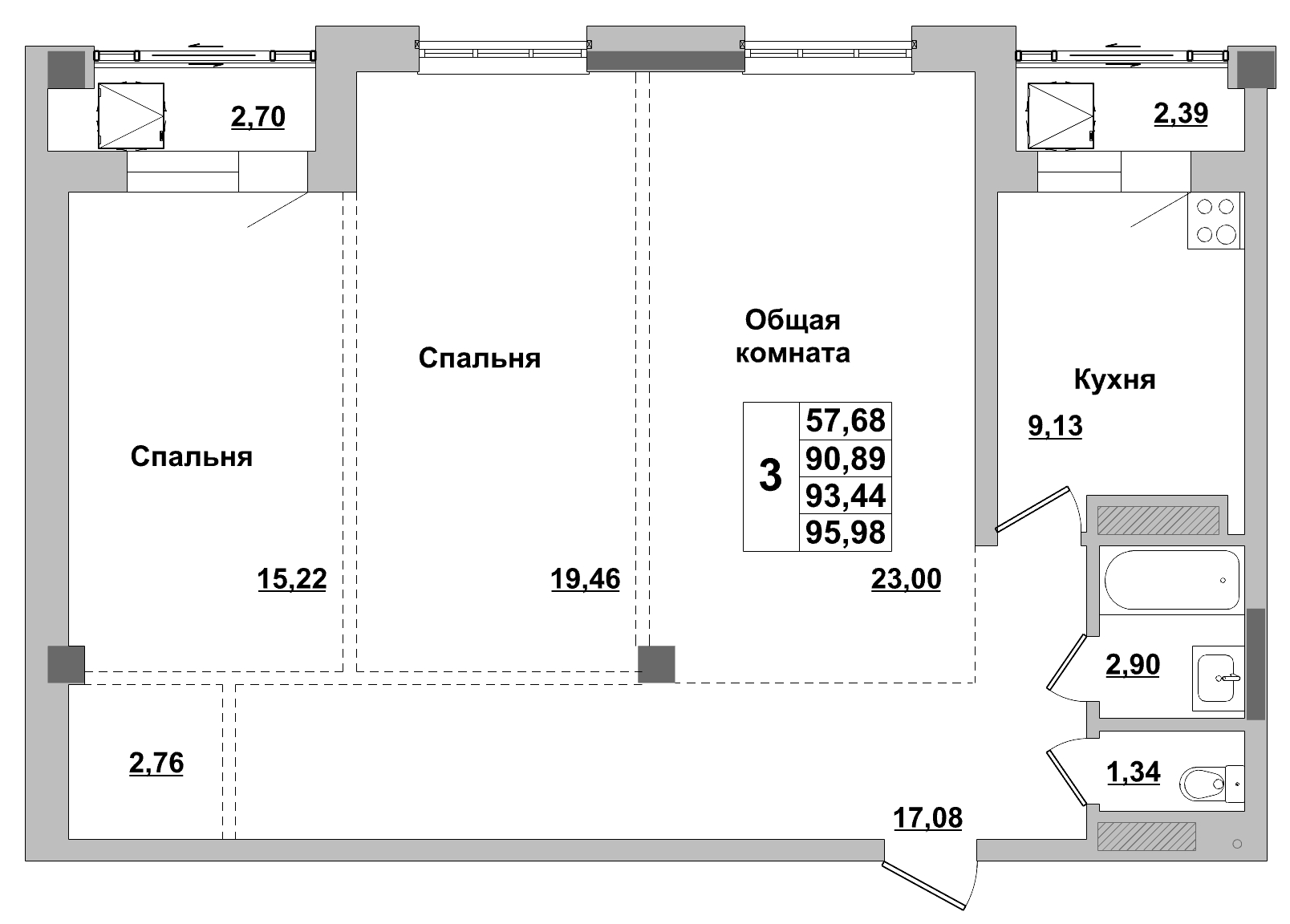 3 комн., 93.44 м²