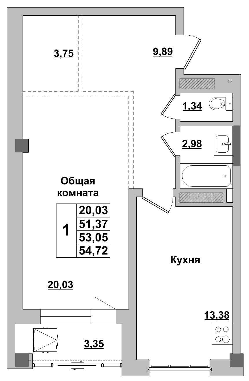 1 комн., 53.05 м²