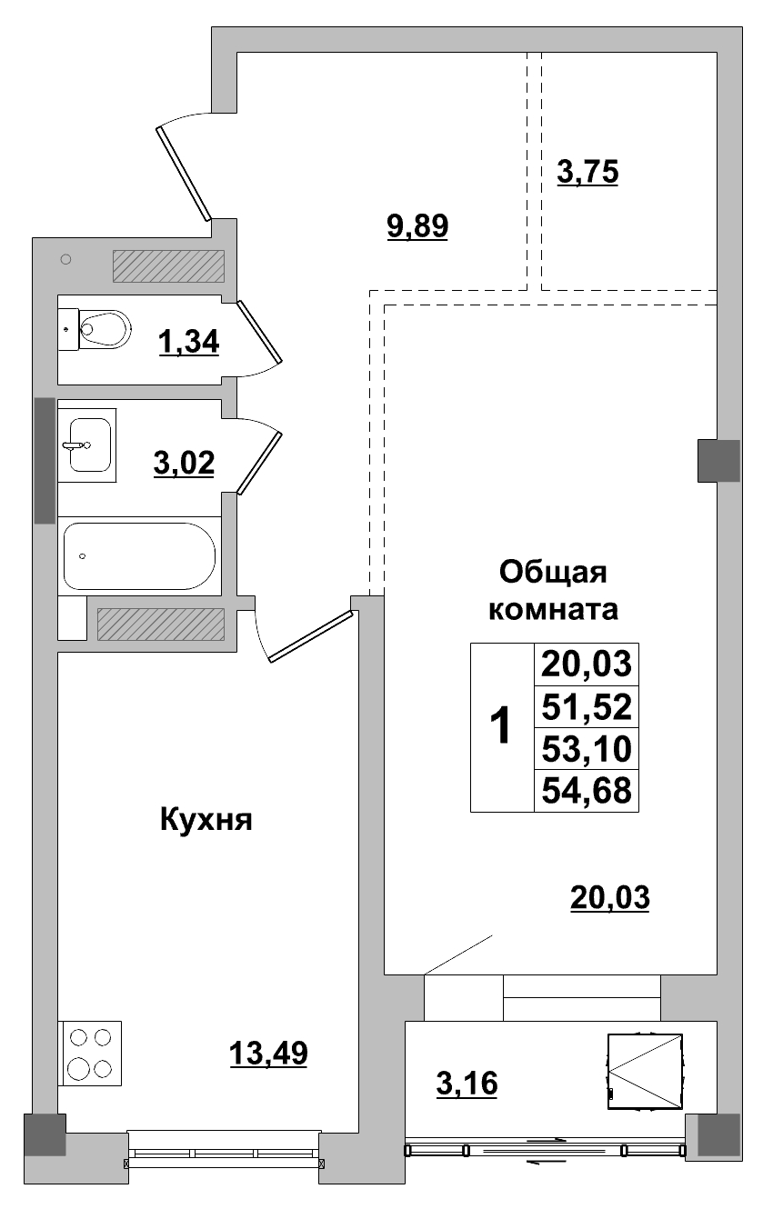 1 комн., 53.10 м²