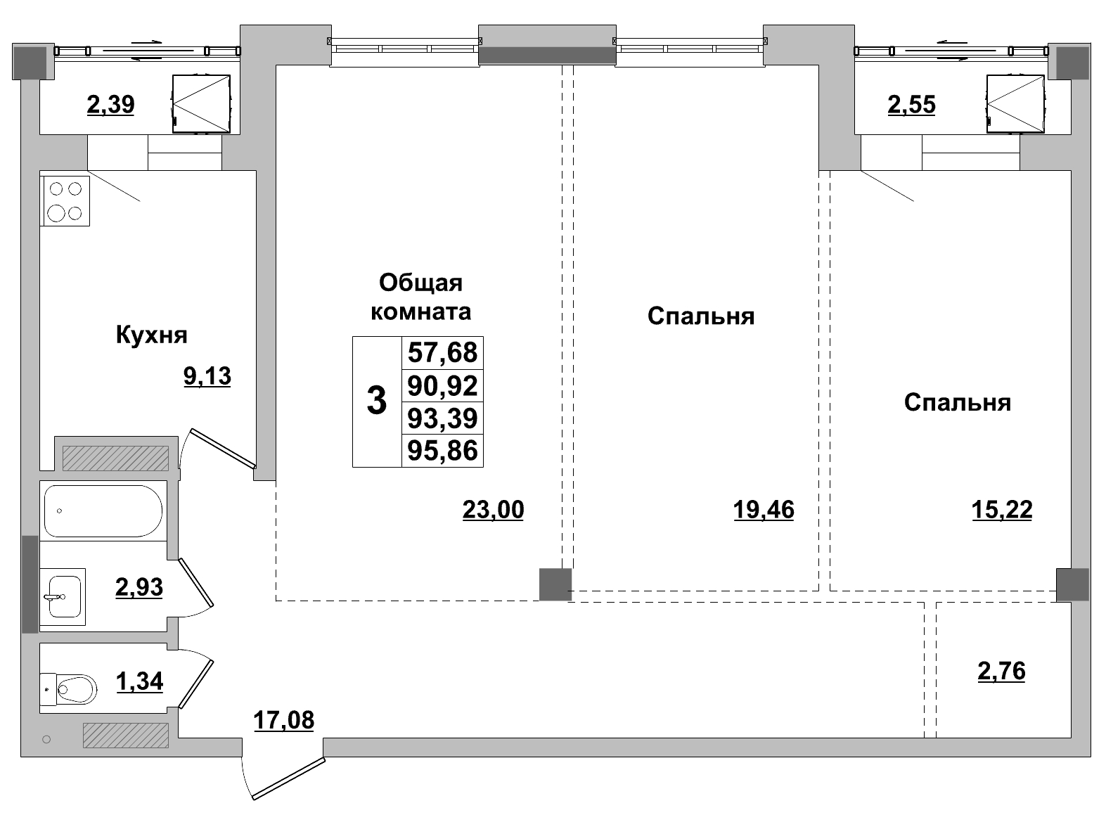 3 комн., 93.39 м²
