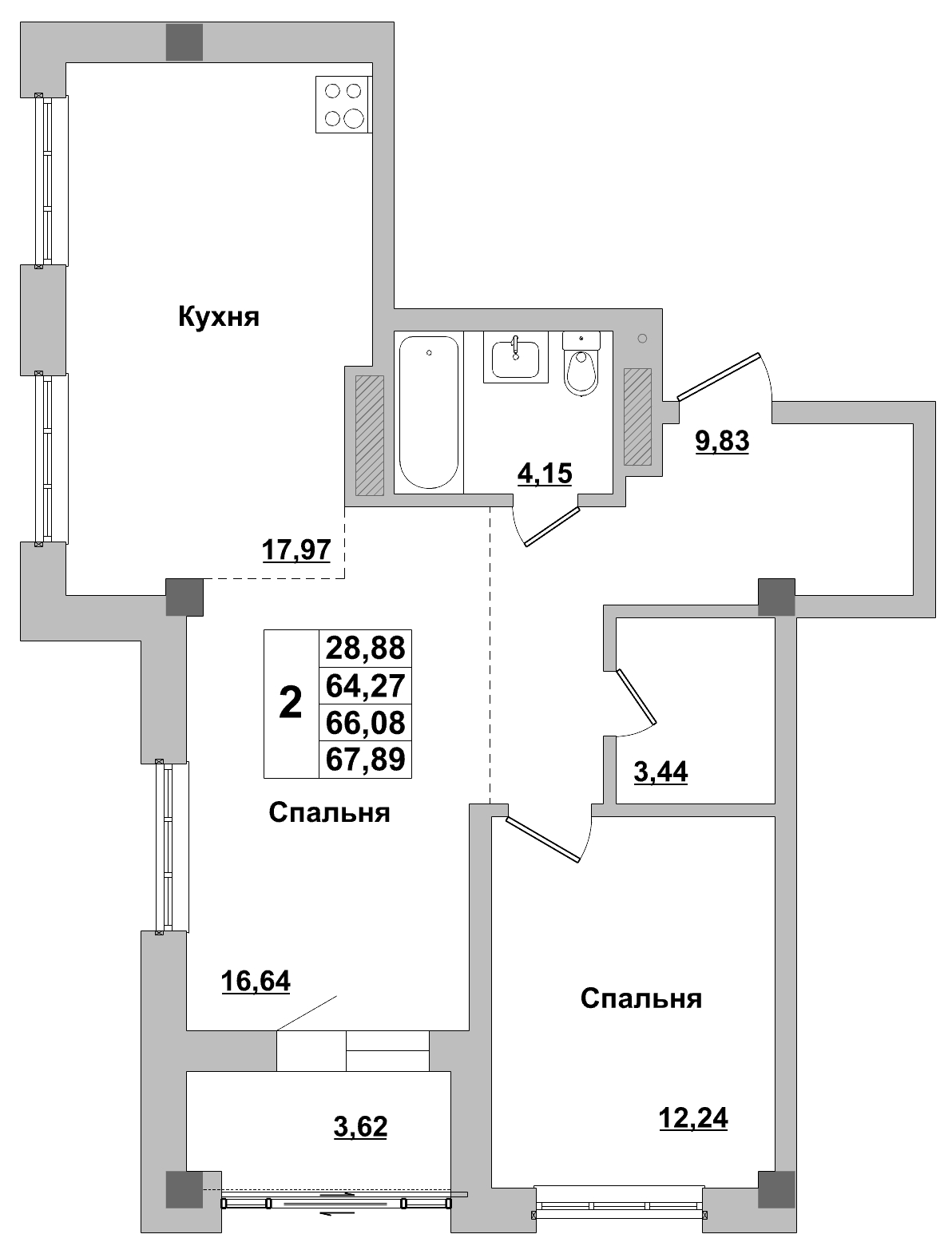 2 комн., 66.08 м²
