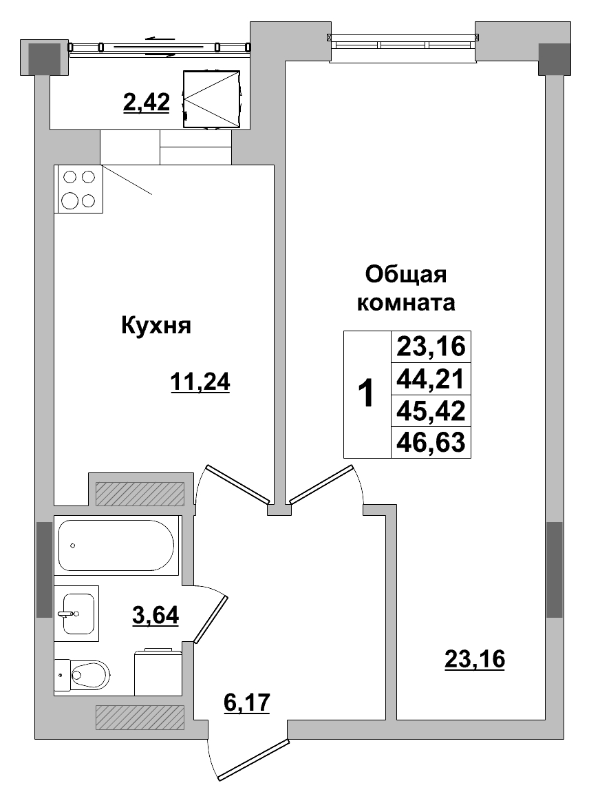 1 комн., 45.42 м²