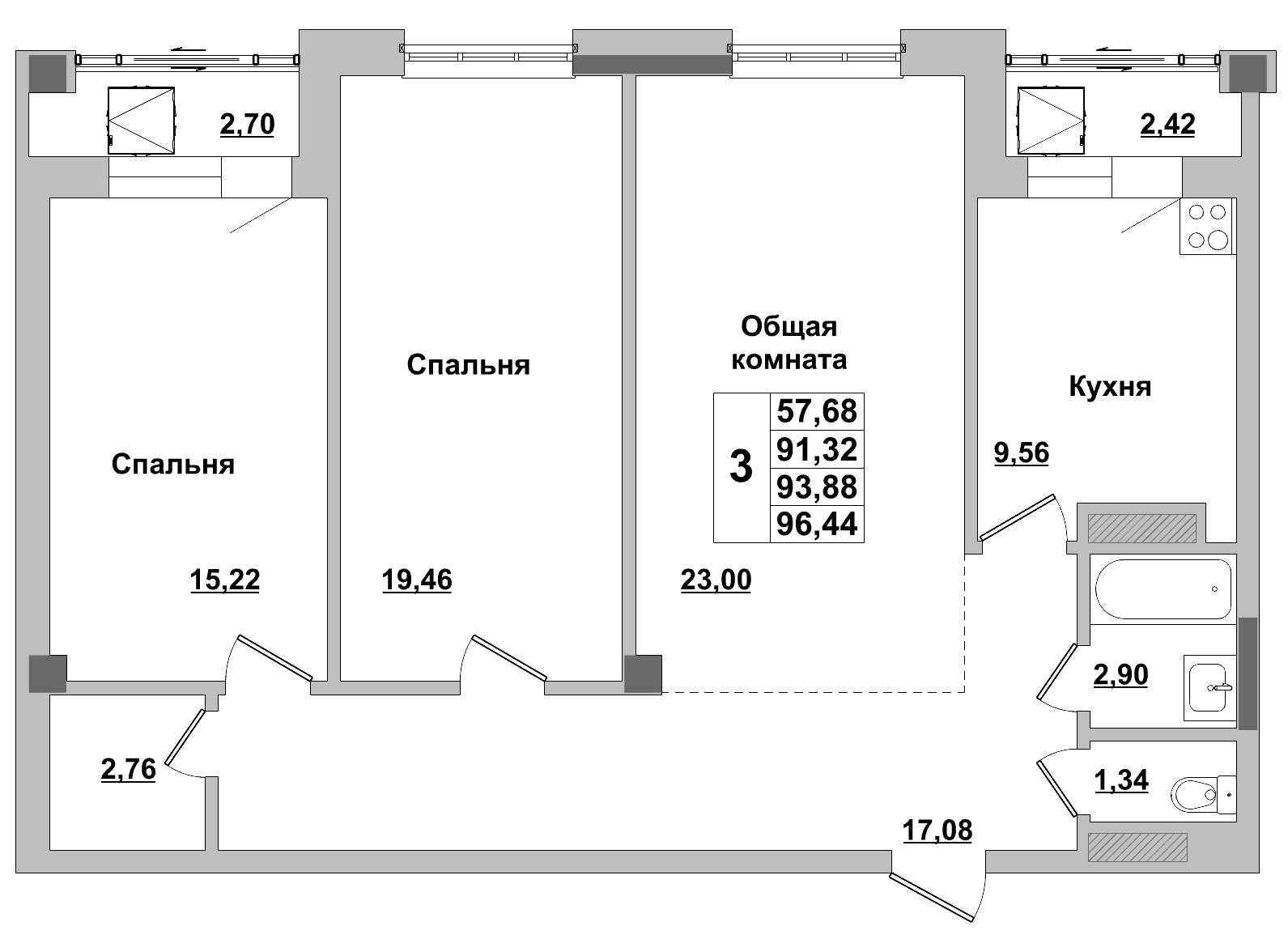 3 комн., 93.88 м²