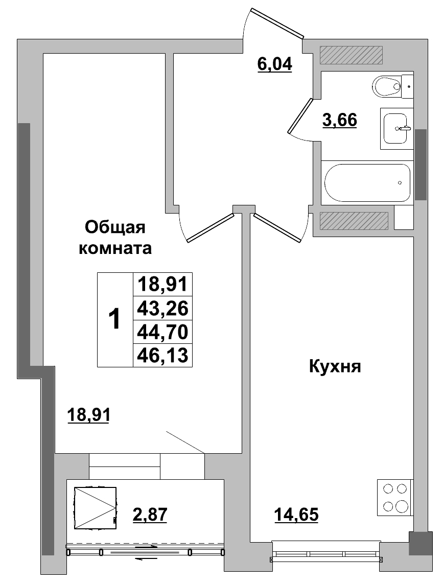 1 комн., 44.70 м²