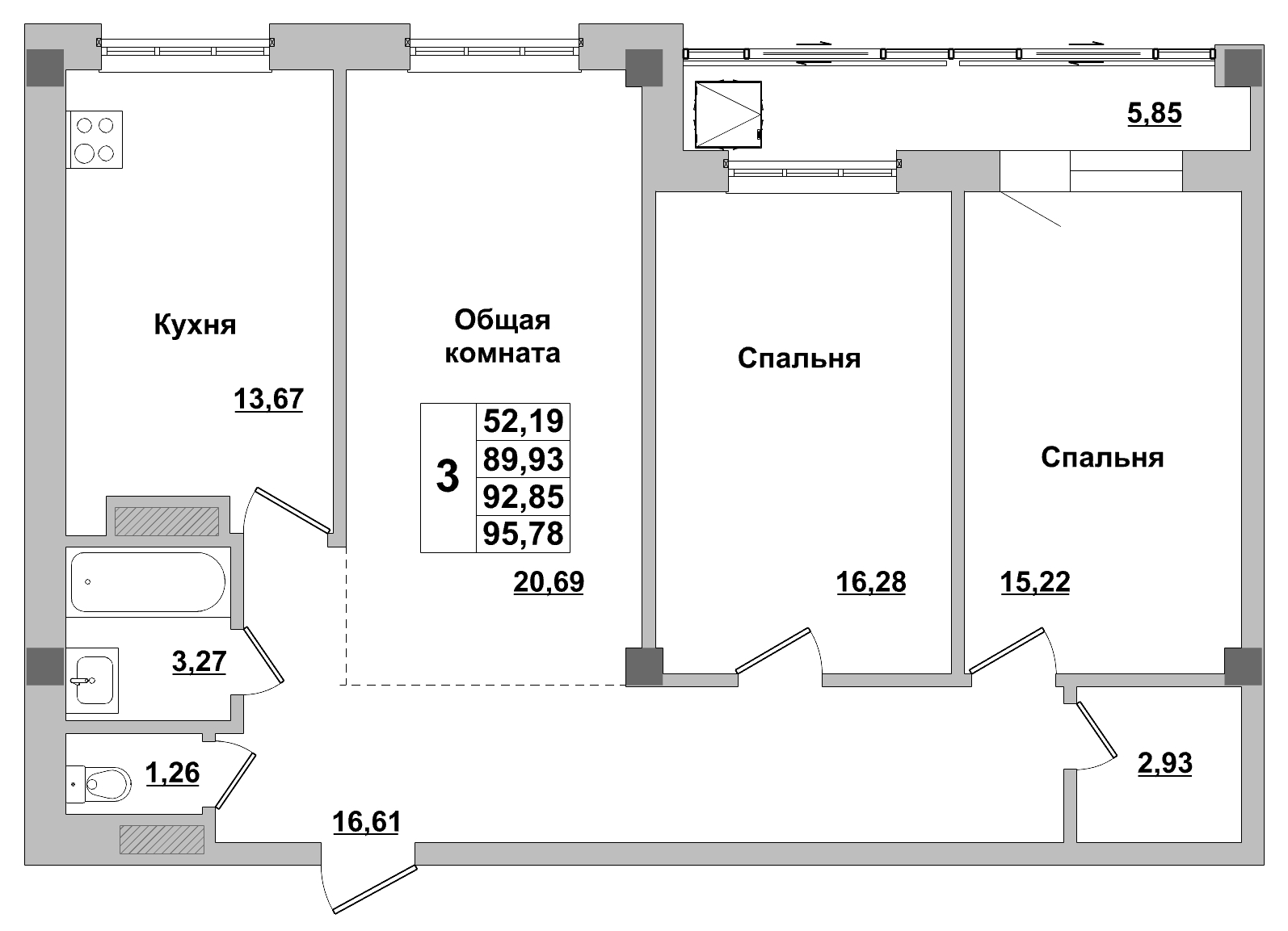 3 комн., 92.85 м²
