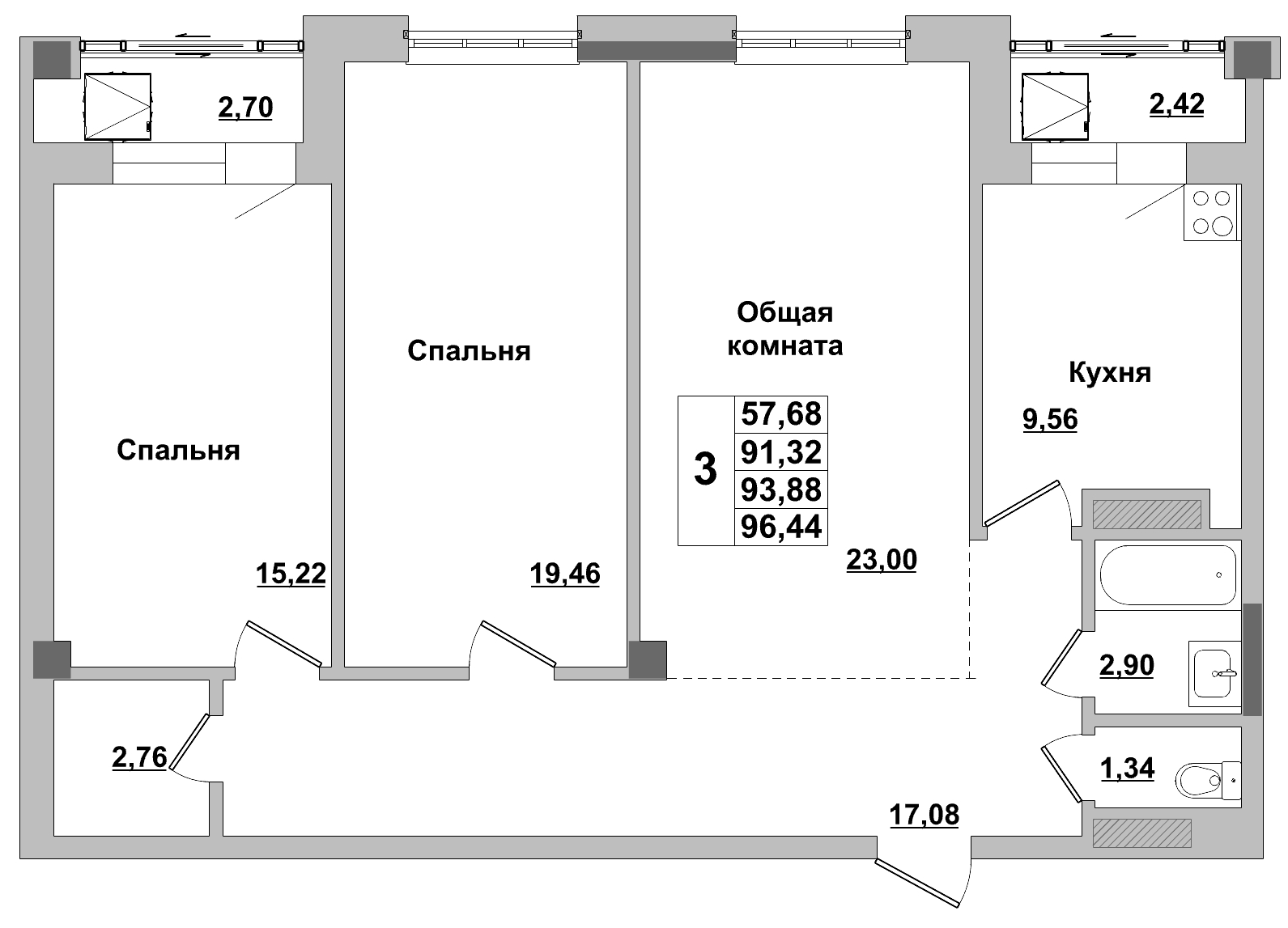 3 комн., 93.88 м²