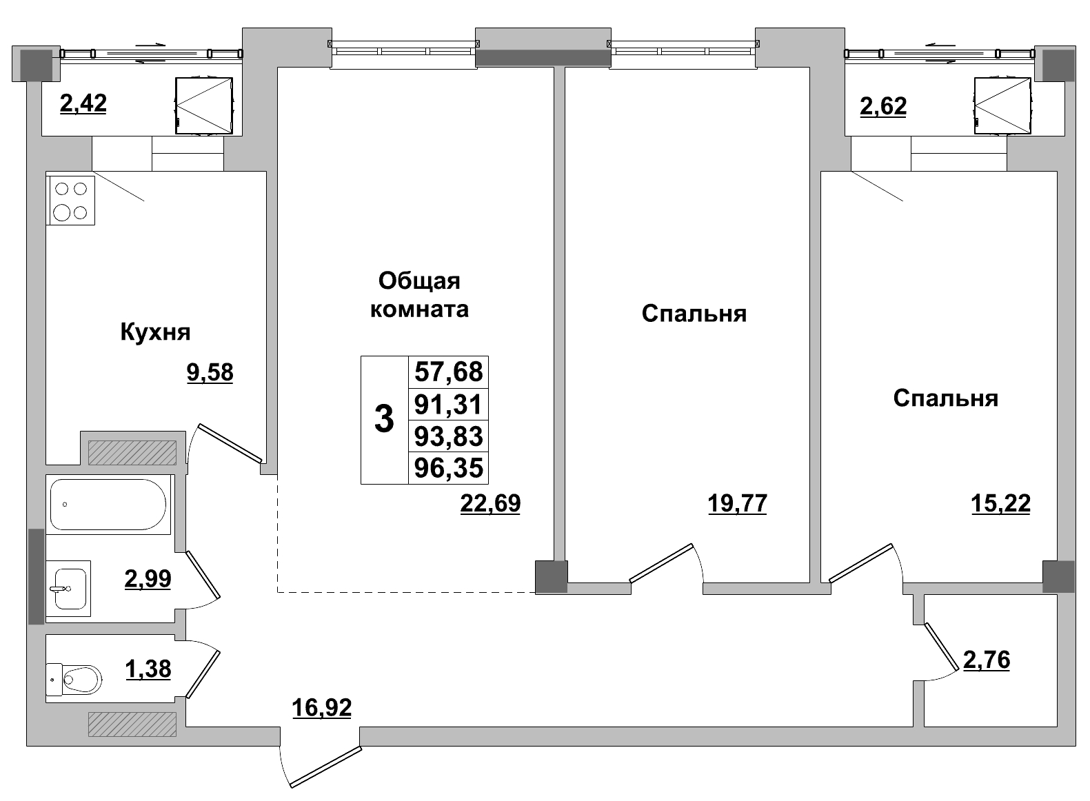 3 комн., 93.83 м²