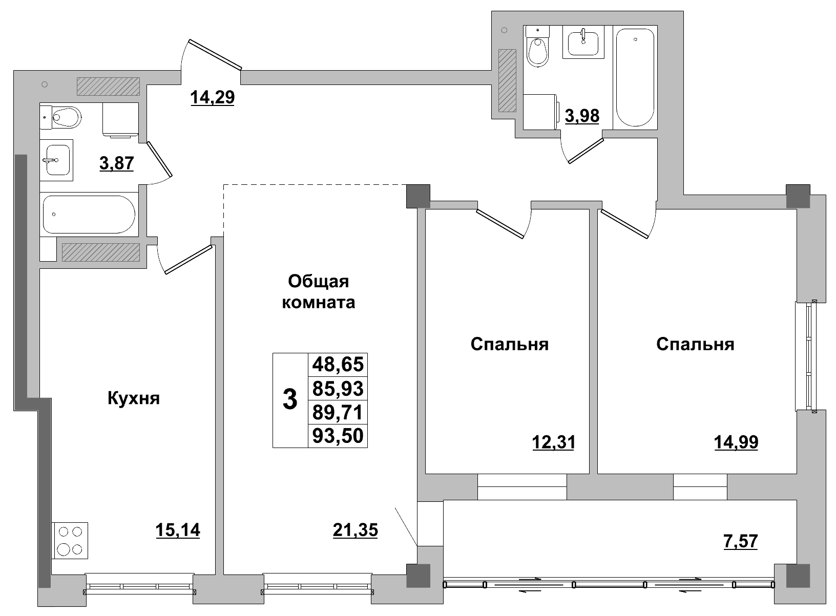 3 комн., 89.71 м²