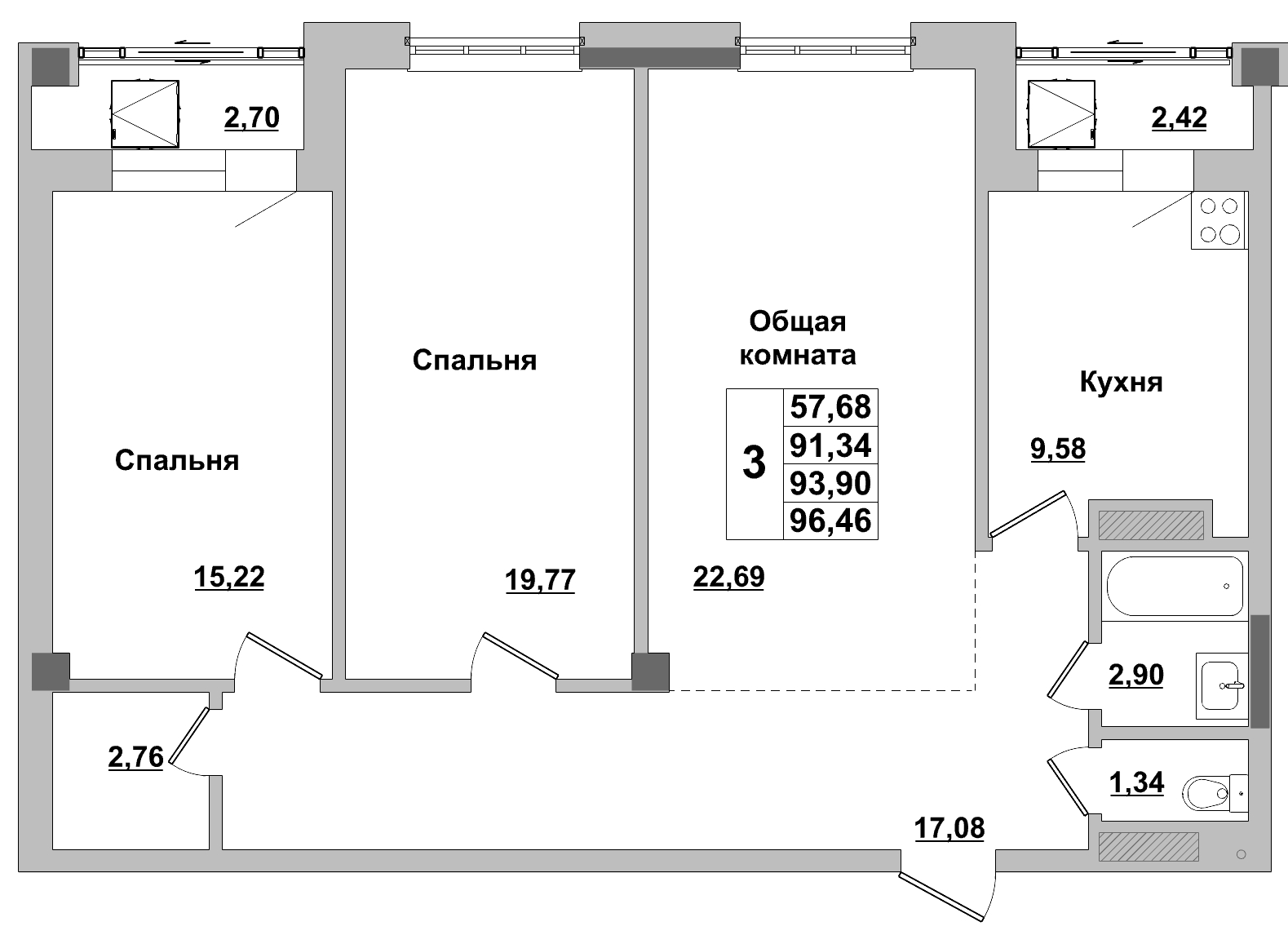 3 комн., 93.90 м²