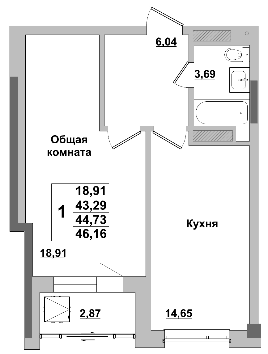 1 комн., 44.73 м²