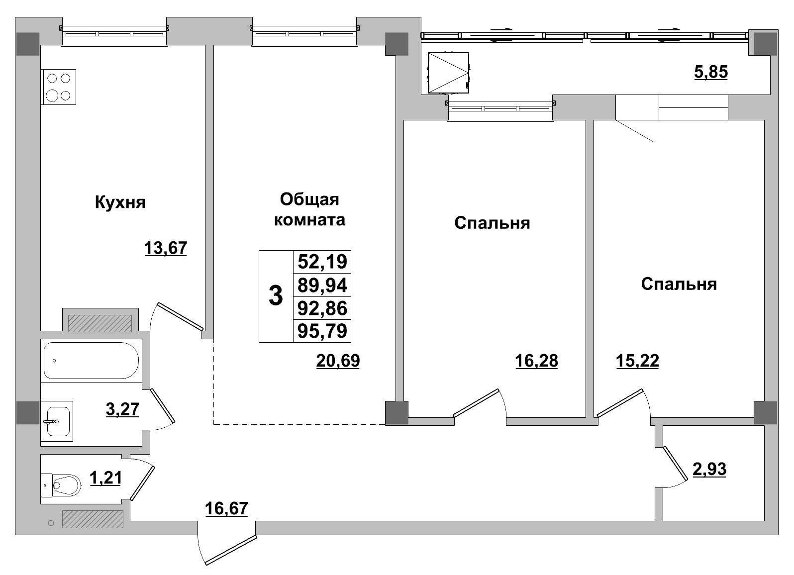 3 комн., 92.86 м²