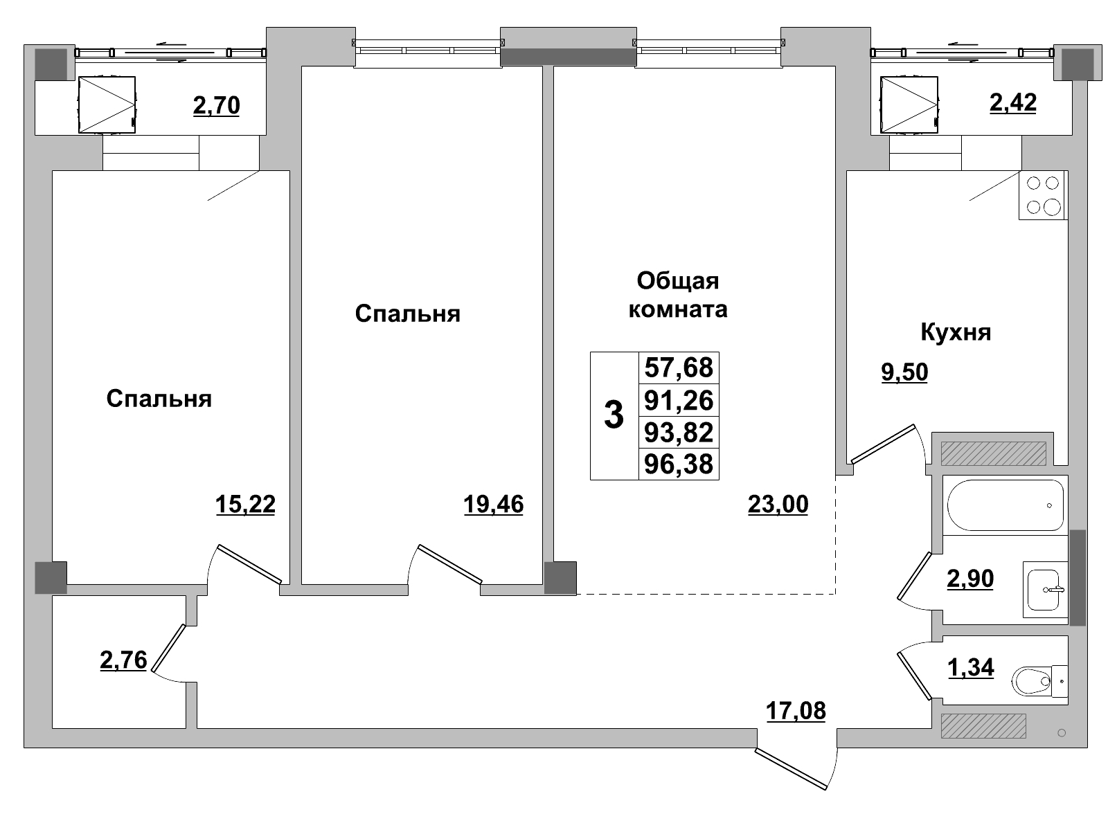 3 комн., 93.82 м²