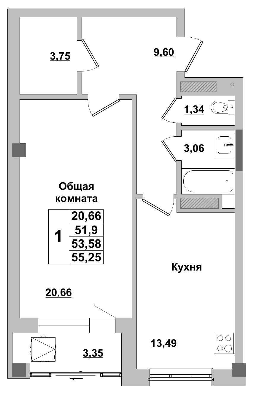 1 комн., 53.58 м²