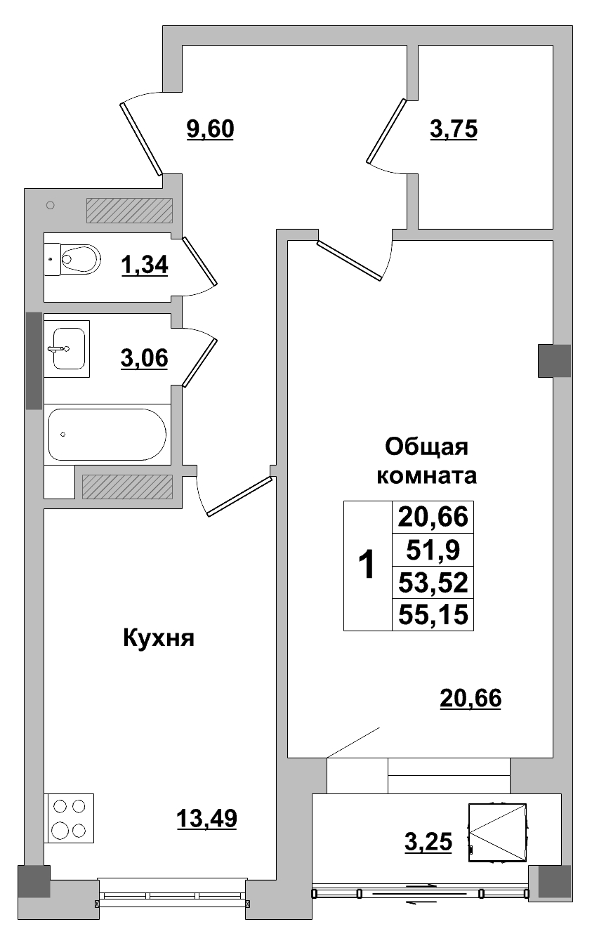 1 комн., 53.52 м²