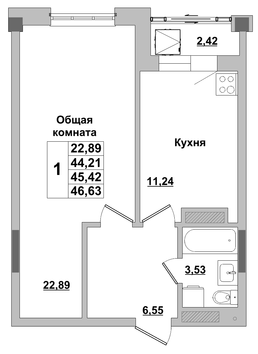 1 комн., 45.42 м²