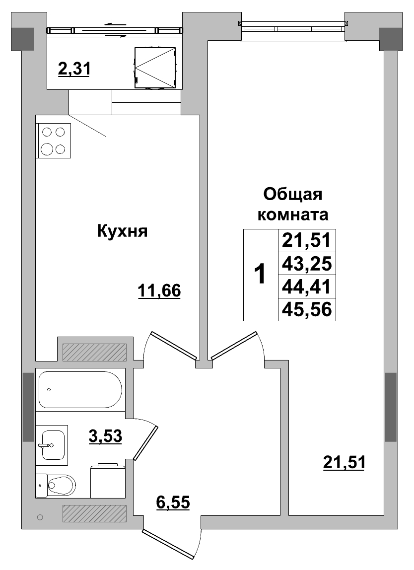 1 комн., 44.41 м²