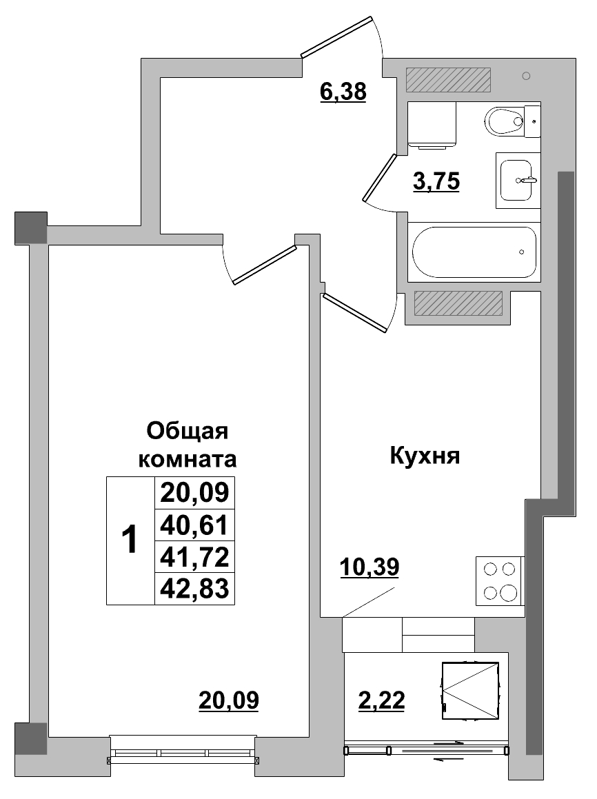 1 комн., 41.72 м²