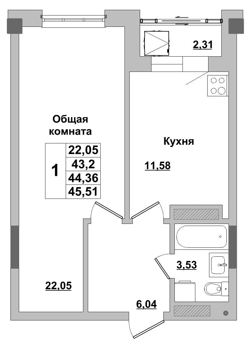 1 комн., 44.36 м²