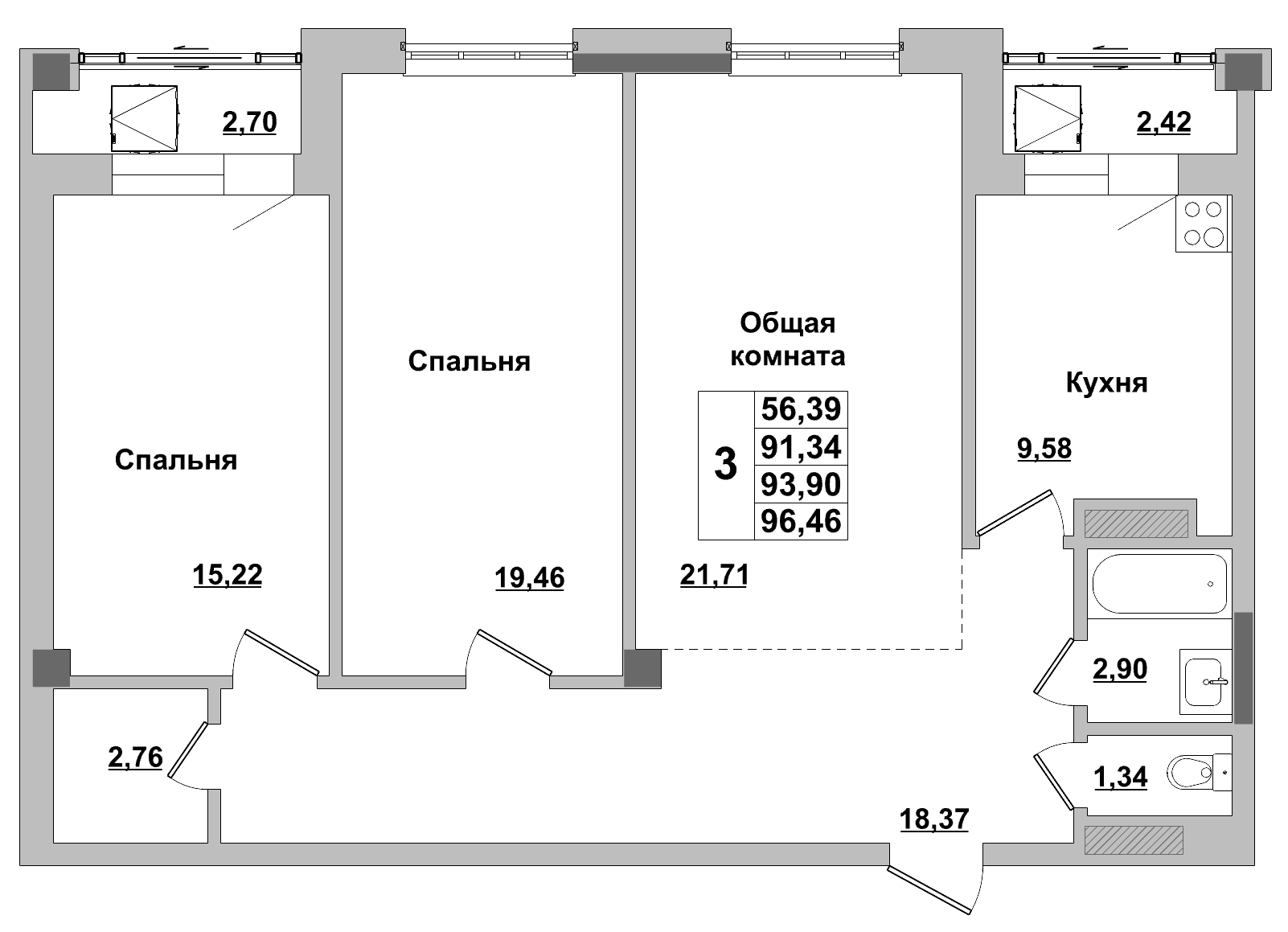 3 комн., 93.90 м²