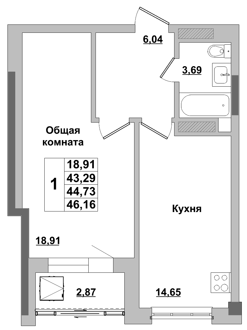 1 комн., 44.73 м²