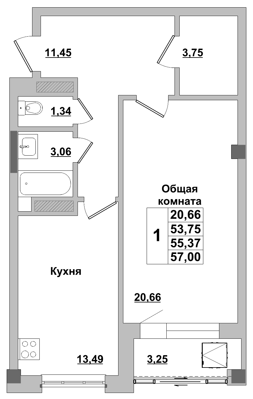 1 комн., 55.37 м²