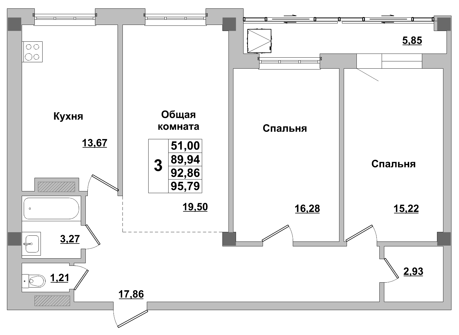3 комн., 92.86 м²