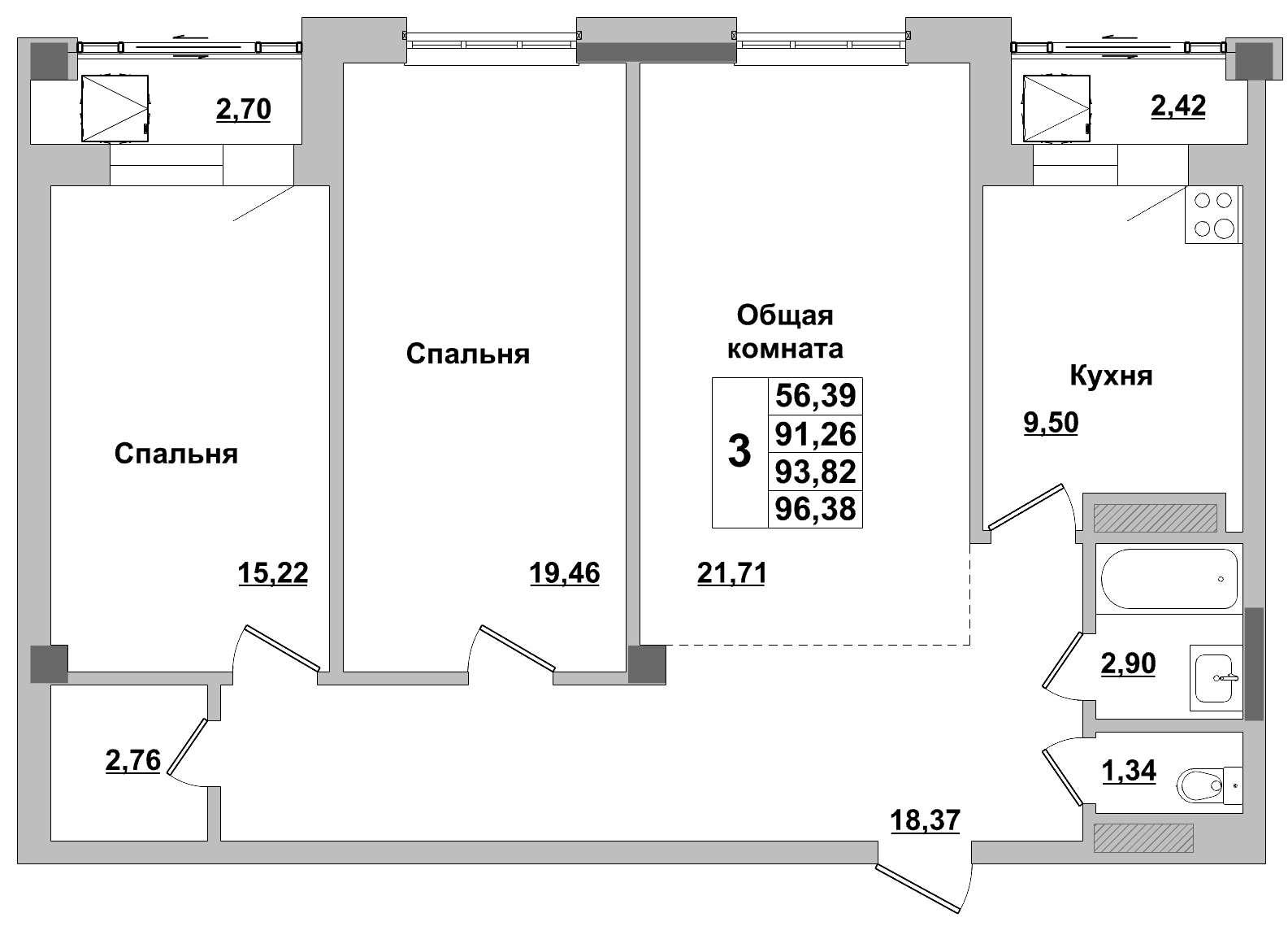 3 комн., 93.82 м²