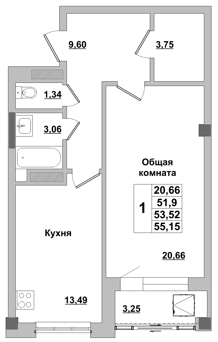 1 комн., 53.52 м²