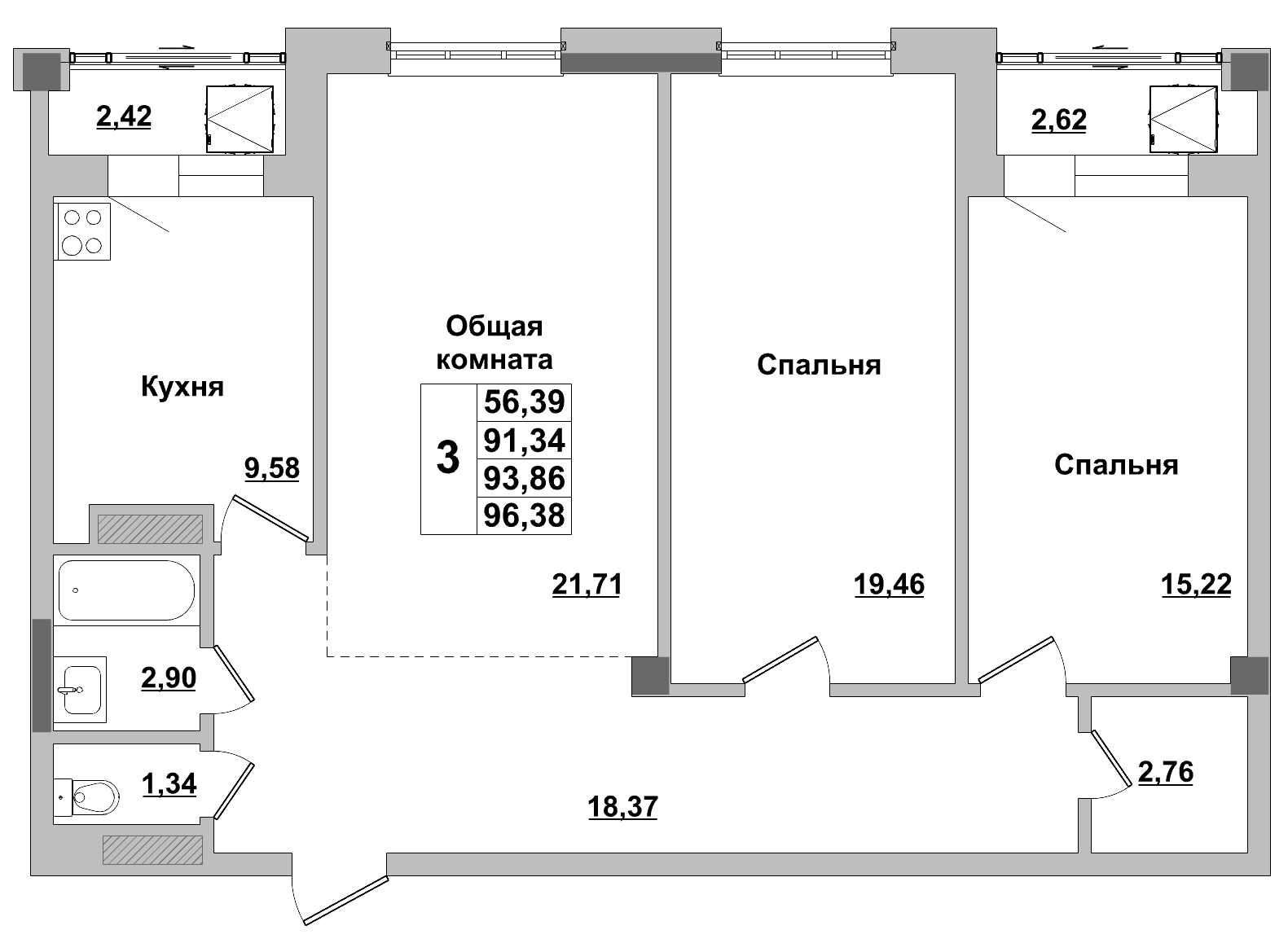 3 комн., 93.86 м²