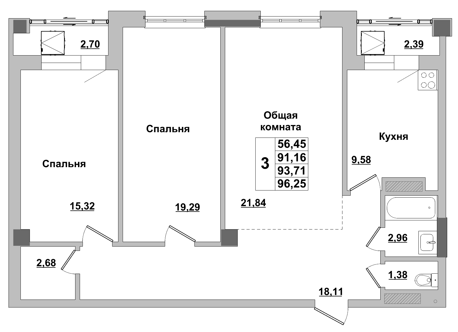 3 комн., 93.71 м²